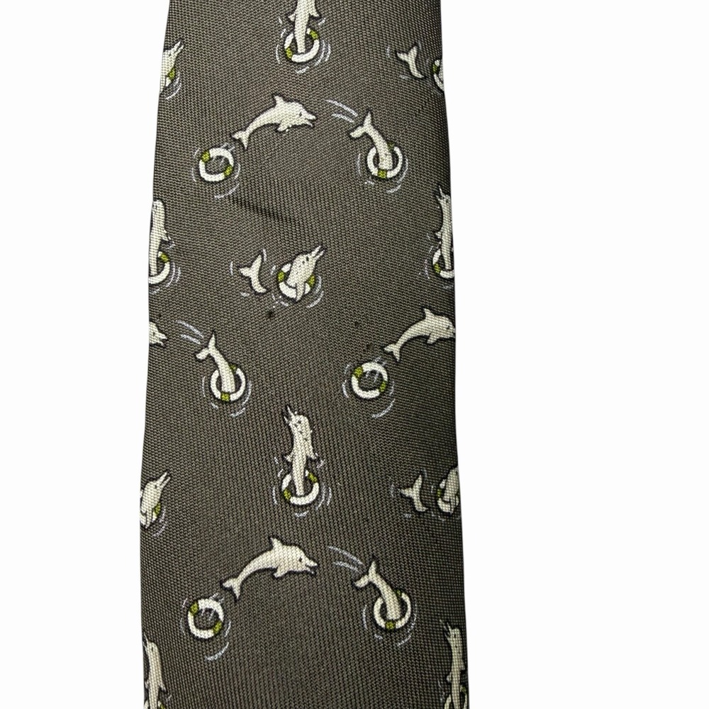 Hermes Mens Tie Dancing Jumping Dolphins Brown Silk 5390 OA 3 7/8" (W) x 63" (L) - Picture 4 of 7